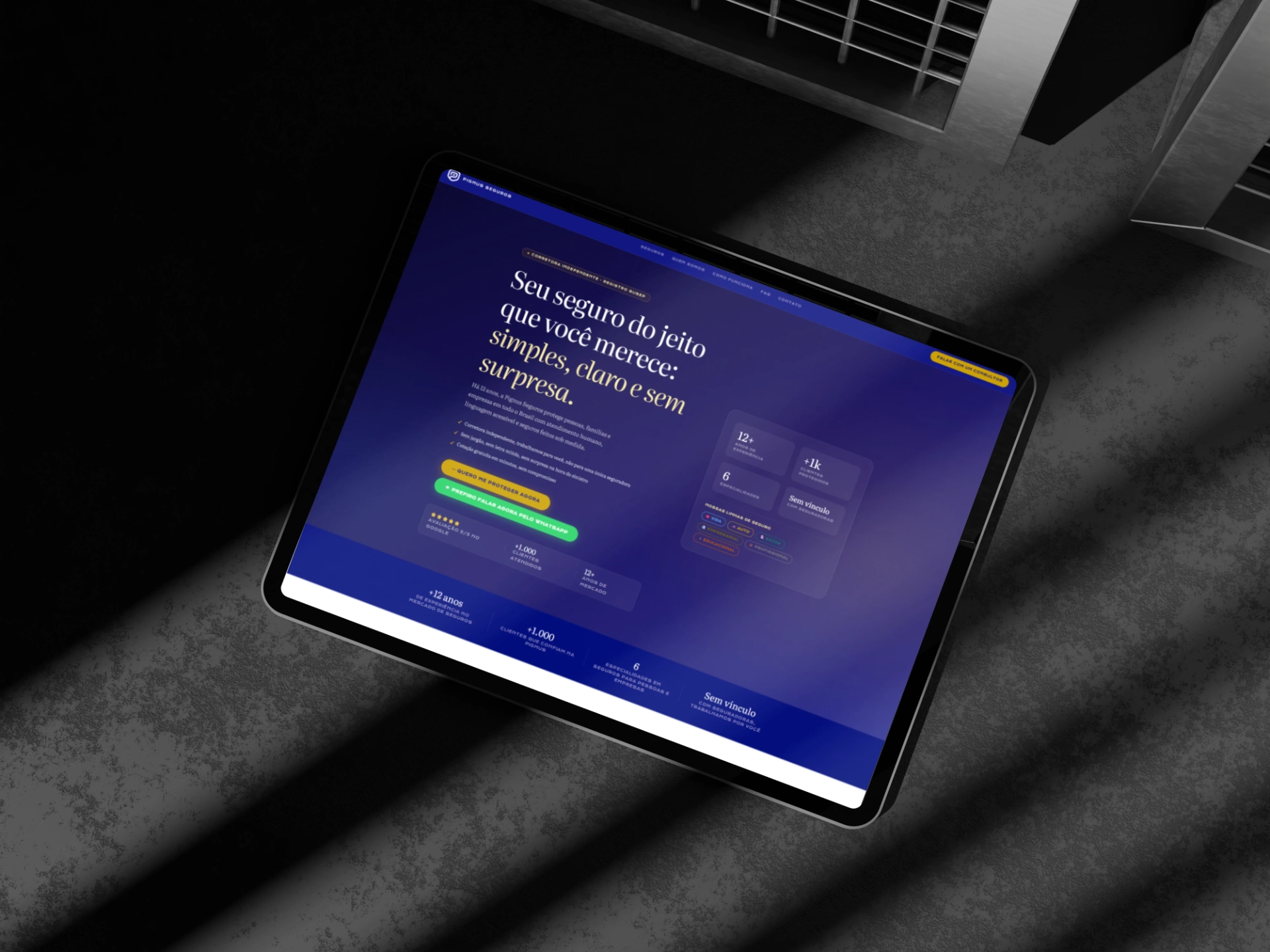 Website da Pignus Seguros em iPad